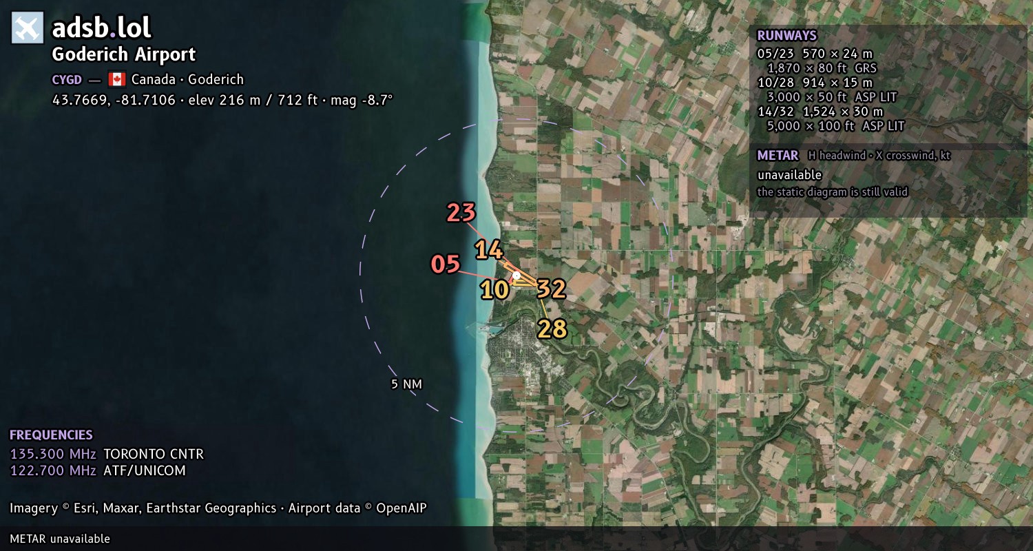 Satellite map with the runway layout of Goderich Airport (CYGD)