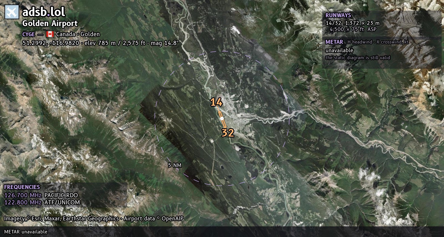 Satellite map with the runway layout of Golden Airport (CYGE)