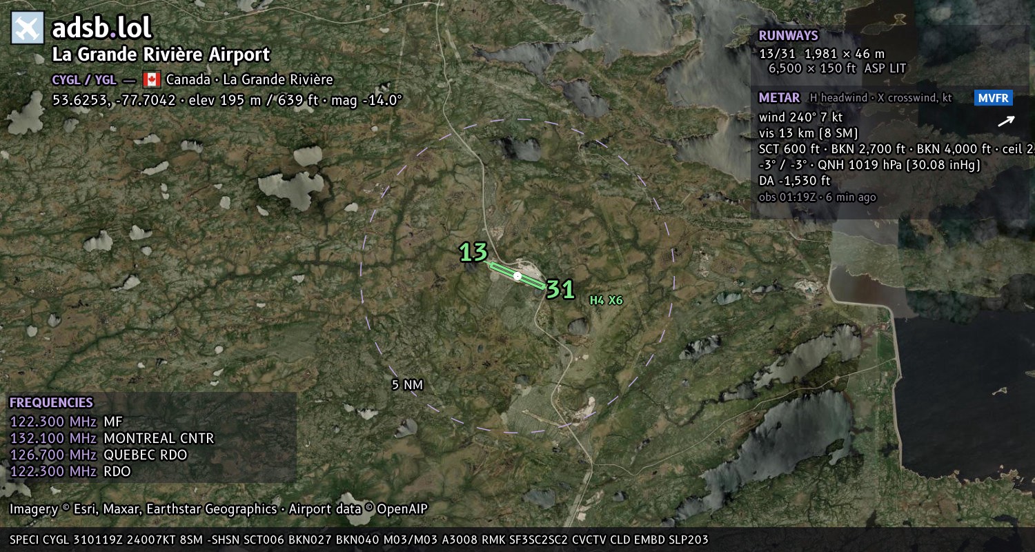 Satellite map with the runway layout of La Grande Rivière Airport (CYGL)