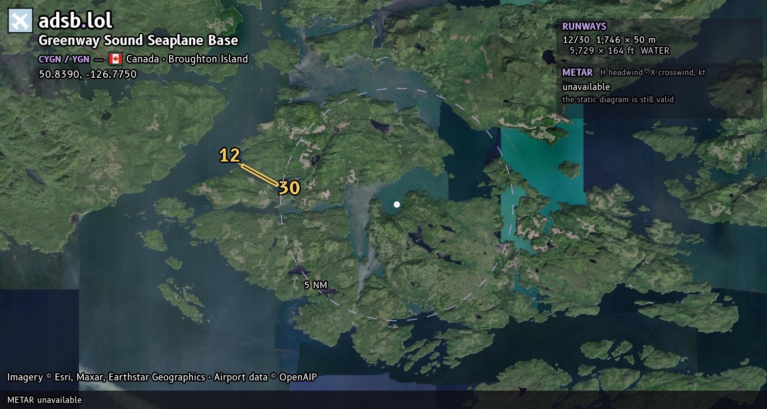 Satellite map with the runway layout of Greenway Sound Seaplane Base (CYGN)