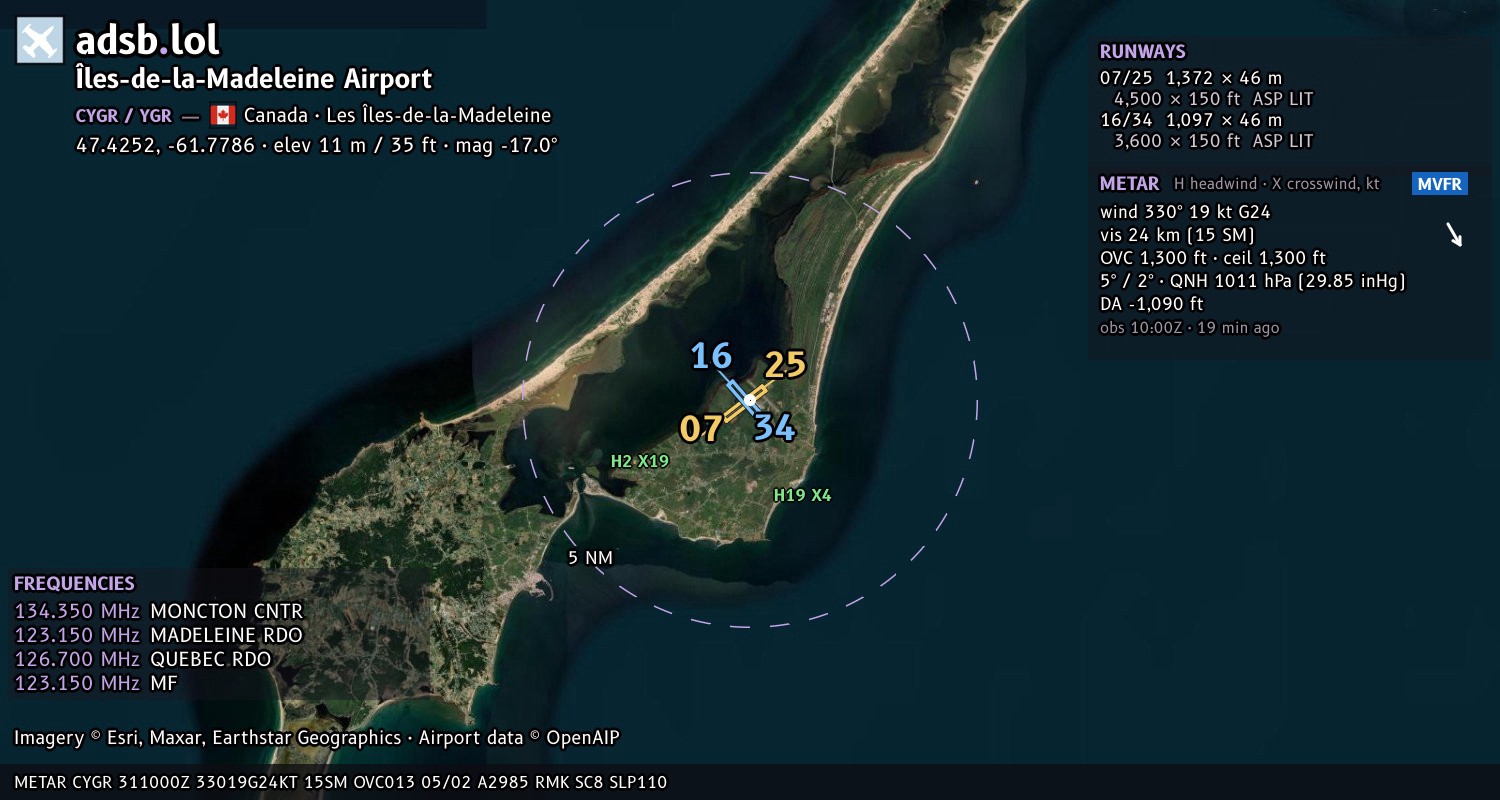 Satellite map with the runway layout of Îles-de-la-Madeleine Airport (CYGR)