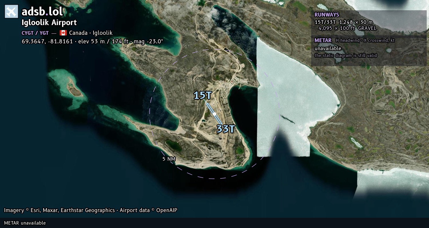 Satellite map with the runway layout of Igloolik Airport (CYGT)