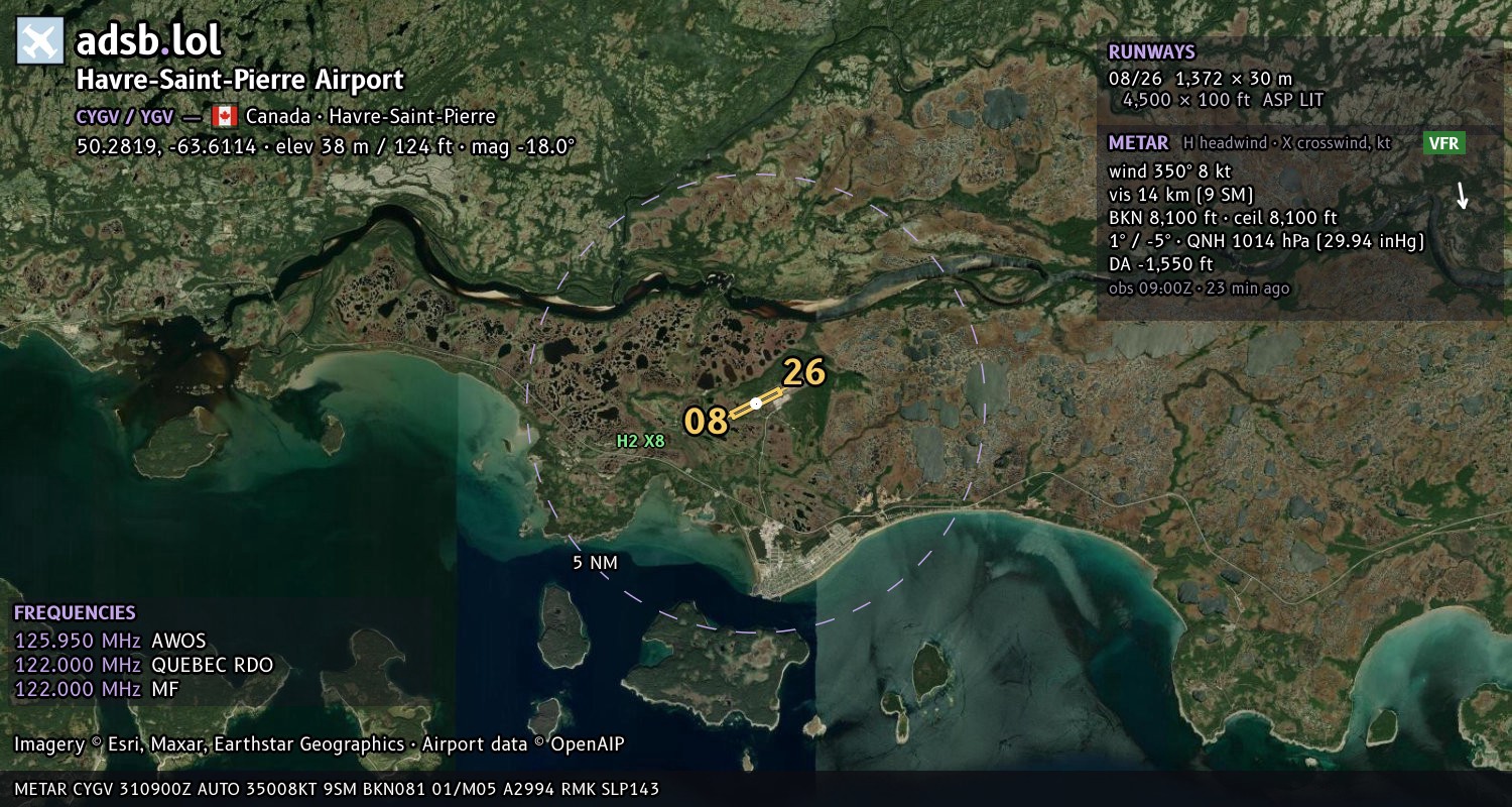 Satellite map with the runway layout of Havre-Saint-Pierre Airport (CYGV)