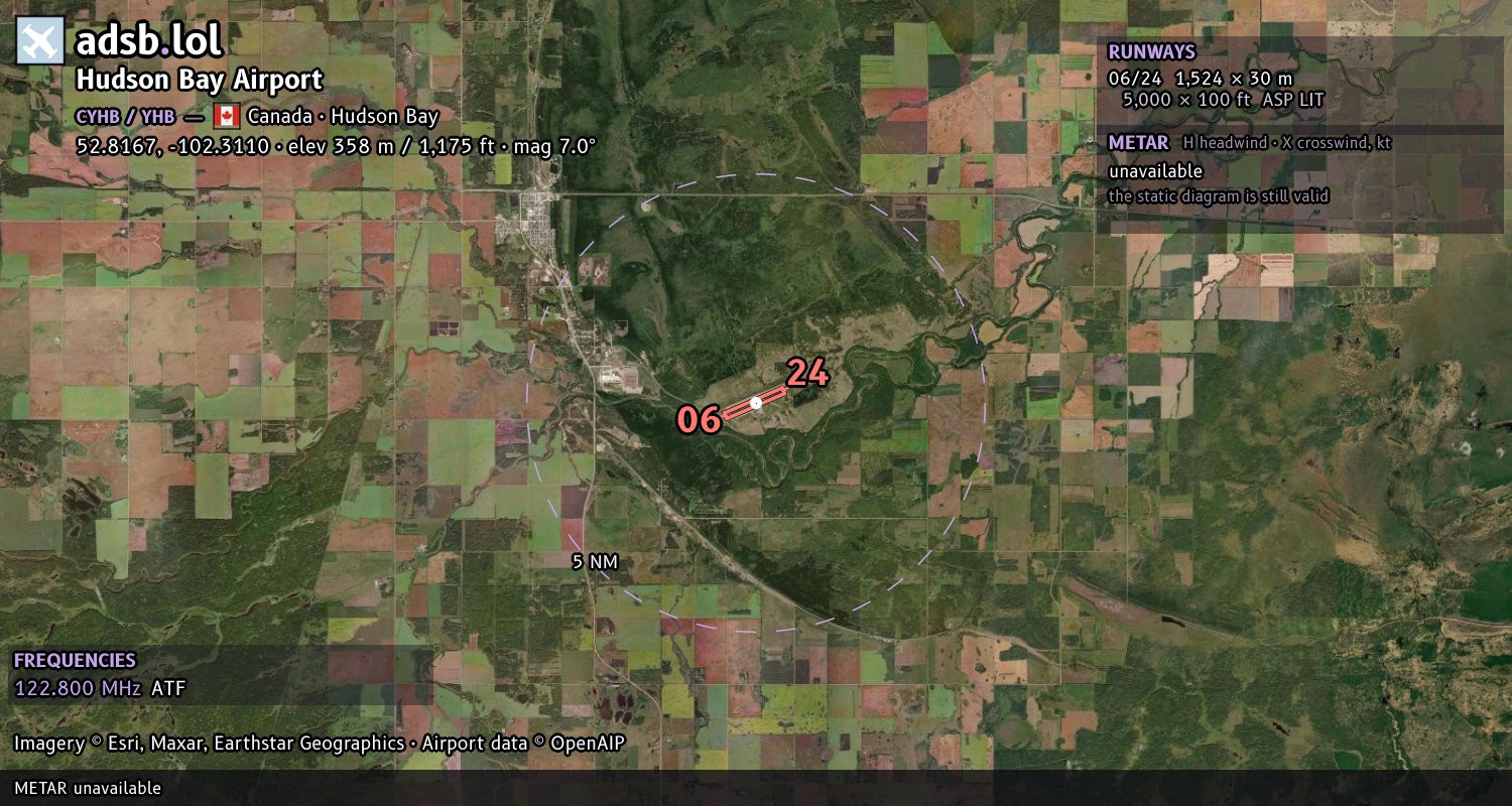 Satellite map with the runway layout of Hudson Bay Airport (CYHB)