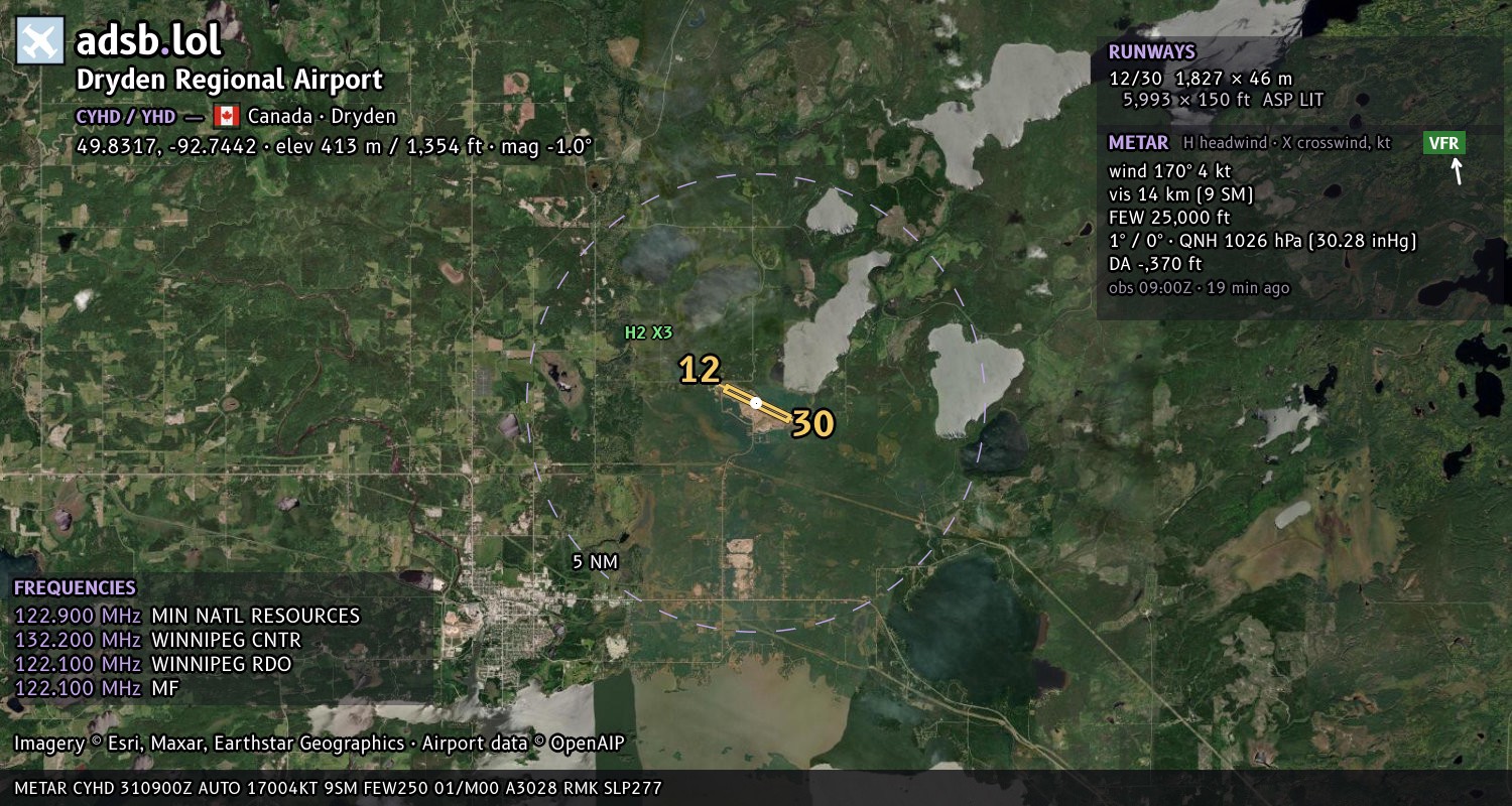 Satellite map with the runway layout of Dryden Regional Airport (CYHD)