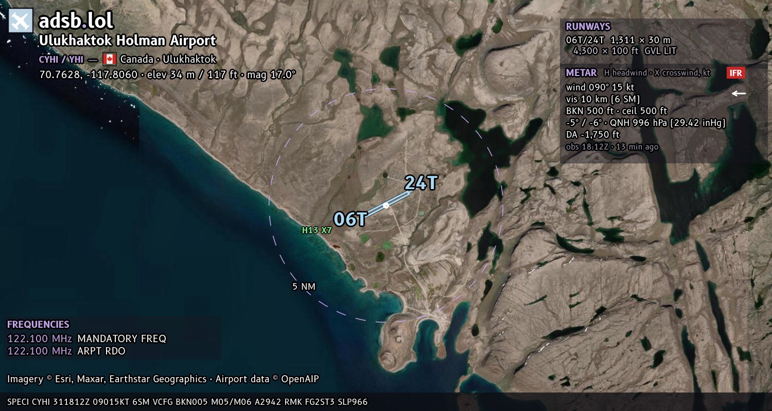 Satellite map with the runway layout of Ulukhaktok Holman Airport (CYHI)
