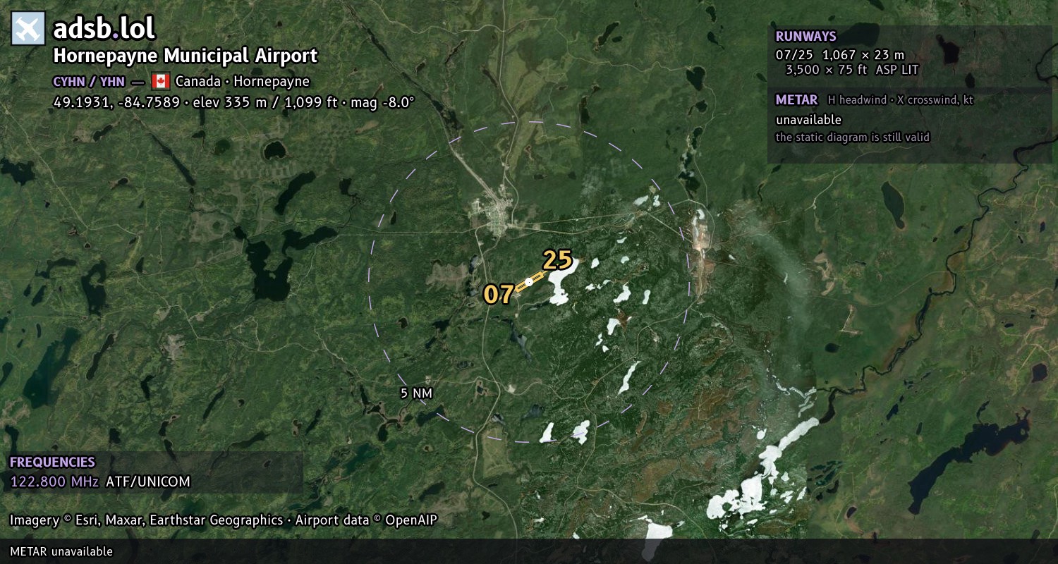 Satellite map with the runway layout of Hornepayne Municipal Airport (CYHN)