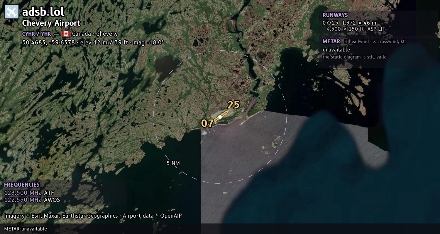 Satellite map with the runway layout of Chevery Airport (CYHR)