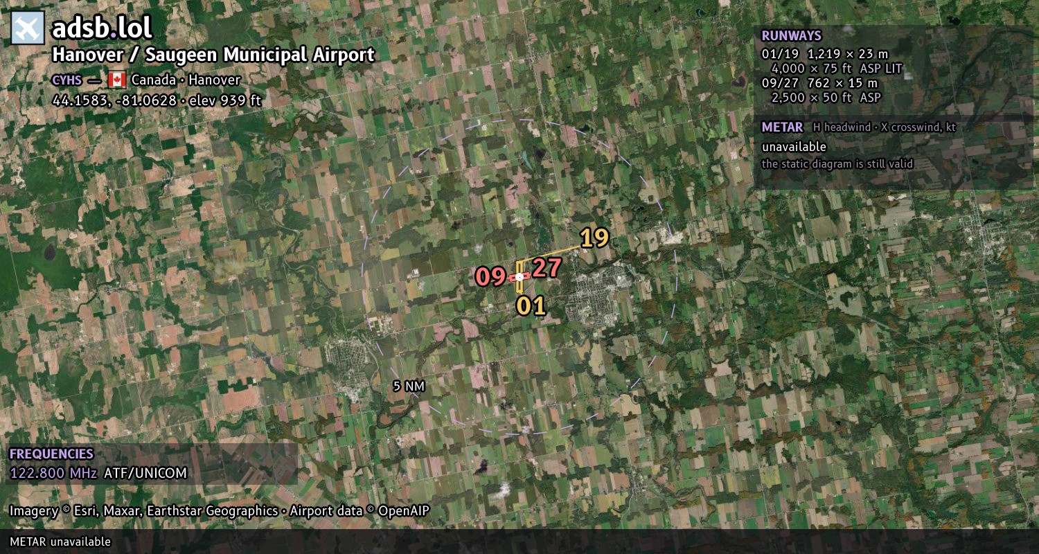 Satellite map with the runway layout of Hanover / Saugeen Municipal Airport (CYHS)