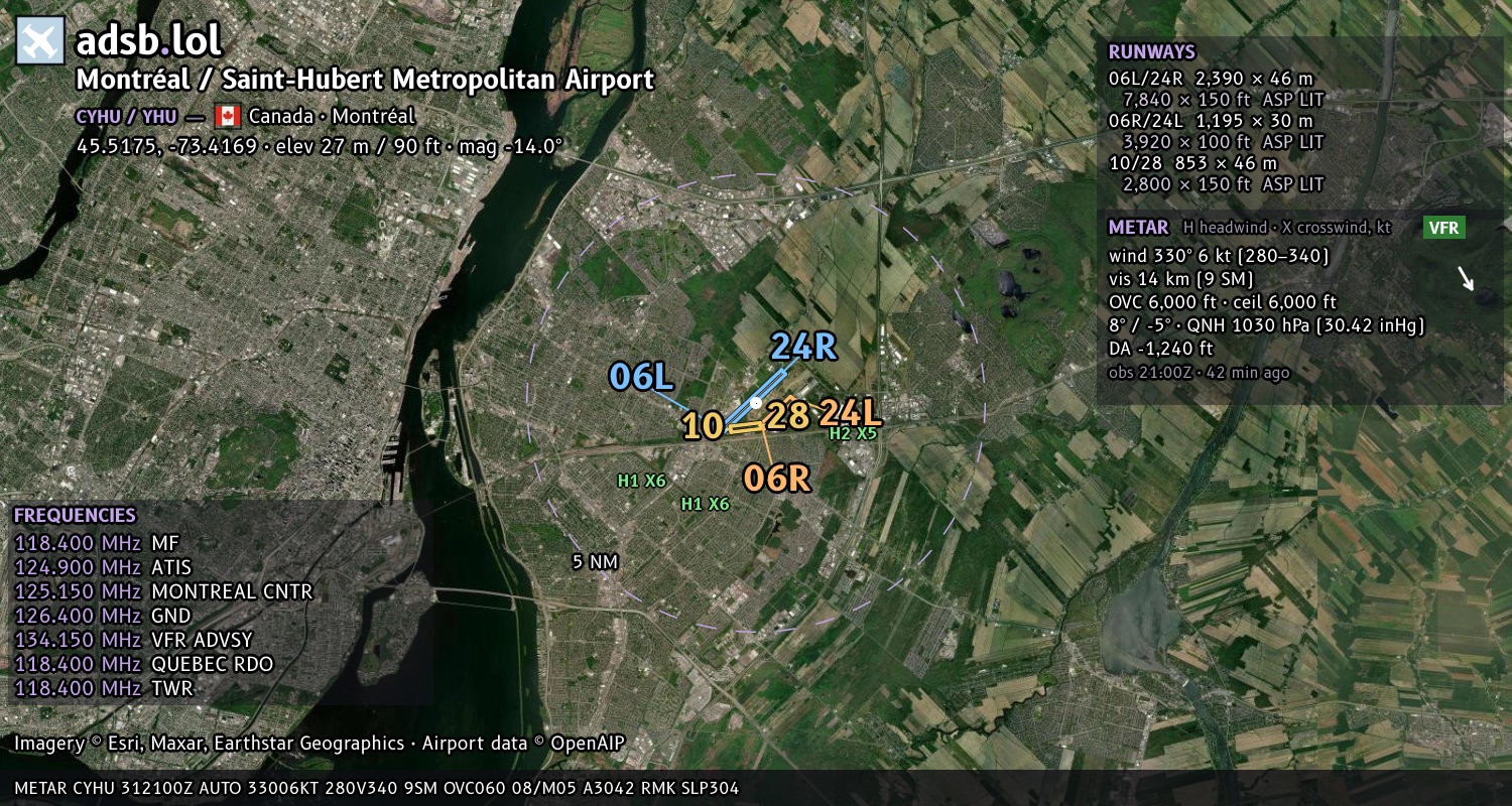 Satellite map with the runway layout of Montréal / Saint-Hubert Metropolitan Airport (CYHU)