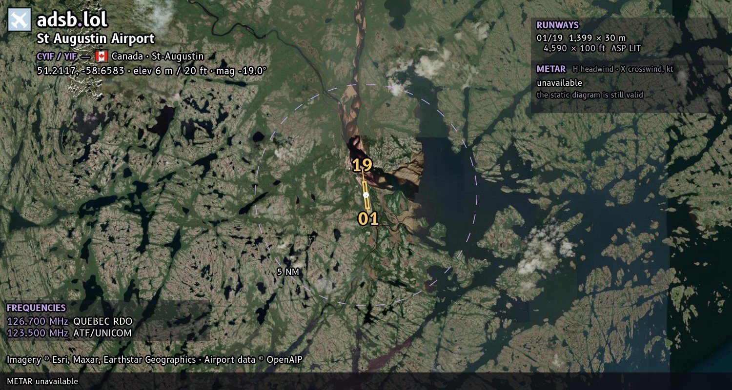 Satellite map with the runway layout of St Augustin Airport (CYIF)