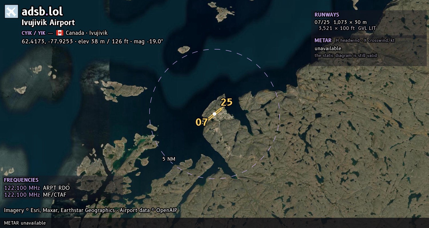 Satellite map with the runway layout of Ivujivik Airport (CYIK)