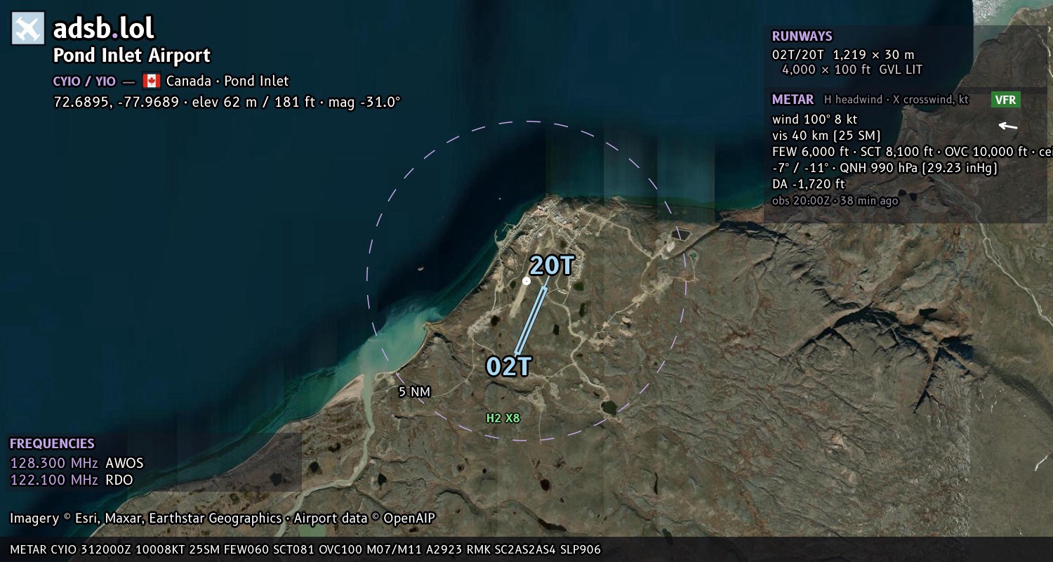 Satellite map with the runway layout of Pond Inlet Airport (CYIO)