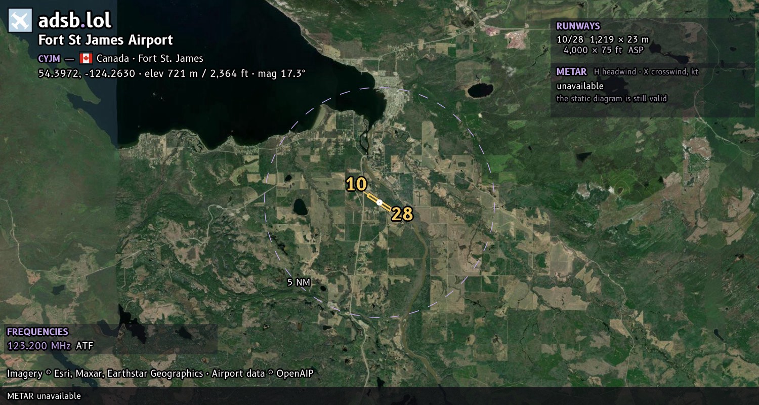 Satellite map with the runway layout of Fort St James Airport (CYJM)