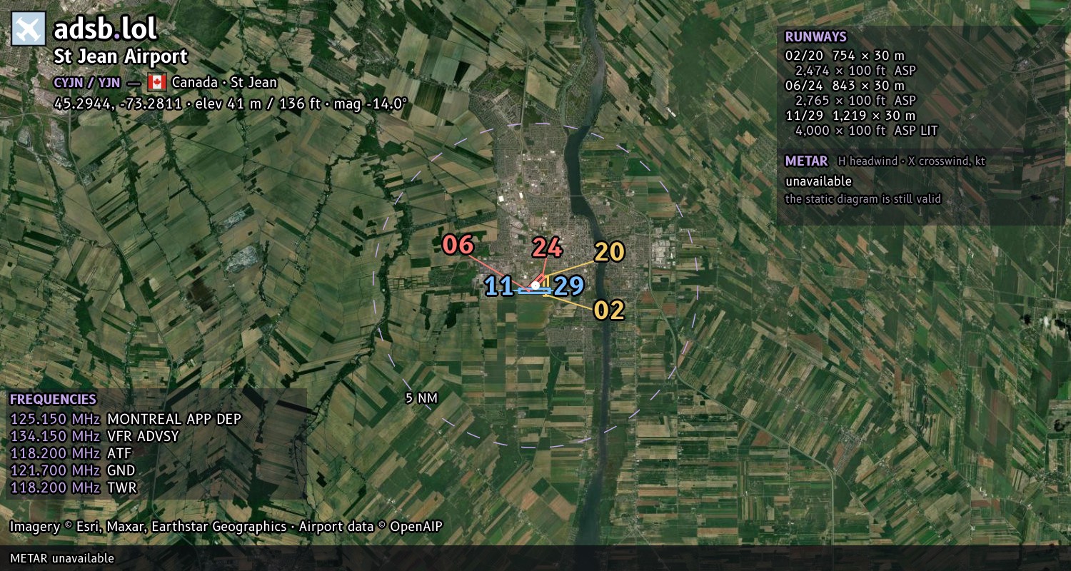 Satellite map with the runway layout of St Jean Airport (CYJN)