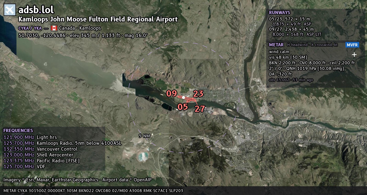 Satellite map with the runway layout of Kamloops John Moose Fulton Field Regional Airport (CYKA)