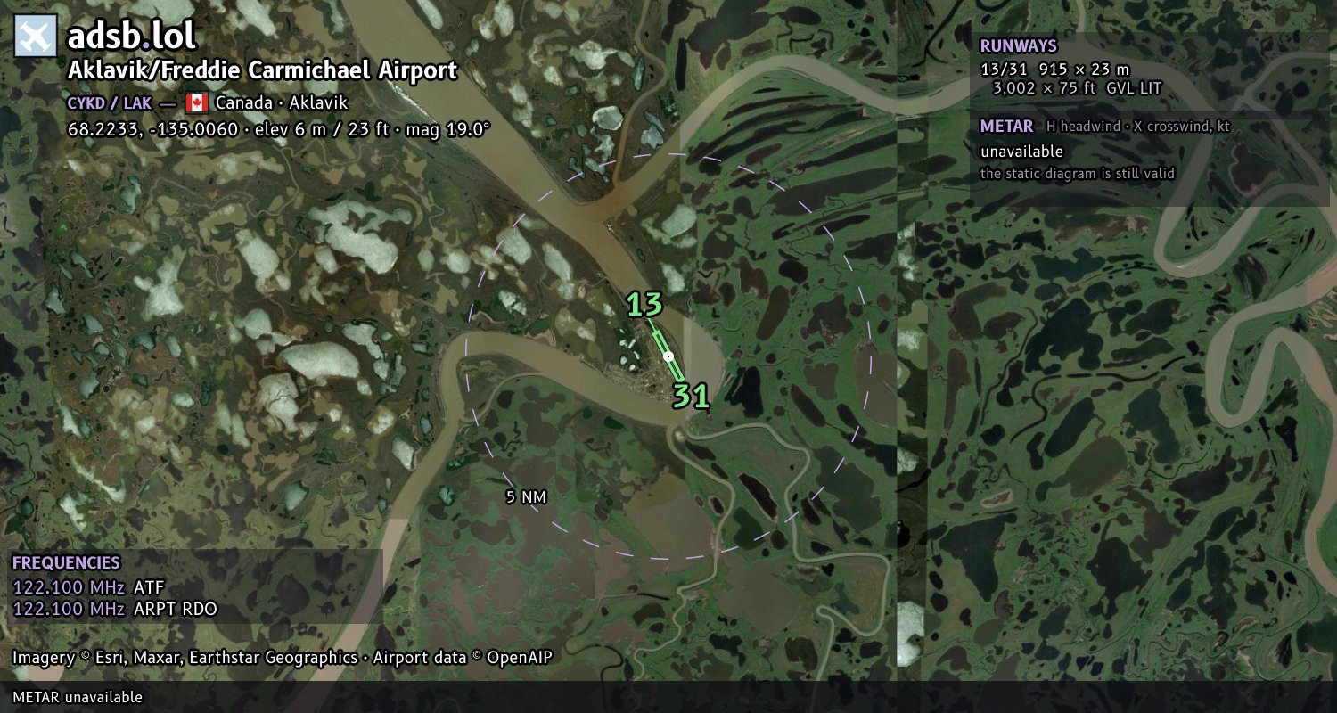Satellite map with the runway layout of Aklavik/Freddie Carmichael Airport (CYKD)
