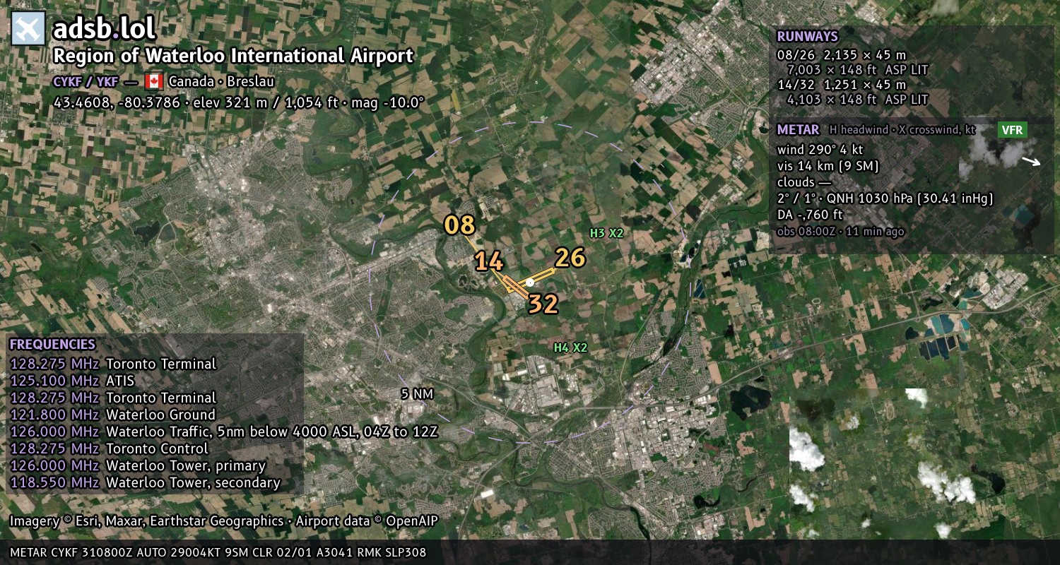 Satellite map with the runway layout of Region of Waterloo International Airport (CYKF)