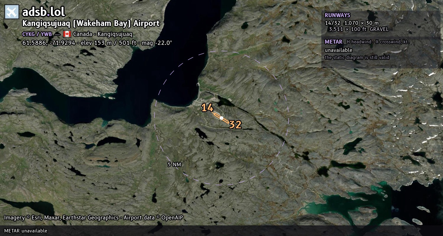 Satellite map with the runway layout of Kangiqsujuaq (Wakeham Bay) Airport (CYKG)
