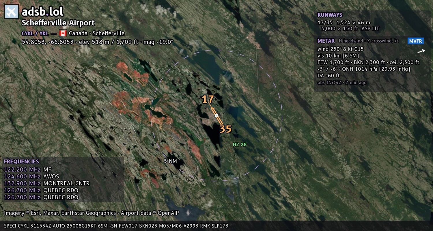 Satellite map with the runway layout of Schefferville Airport (CYKL)