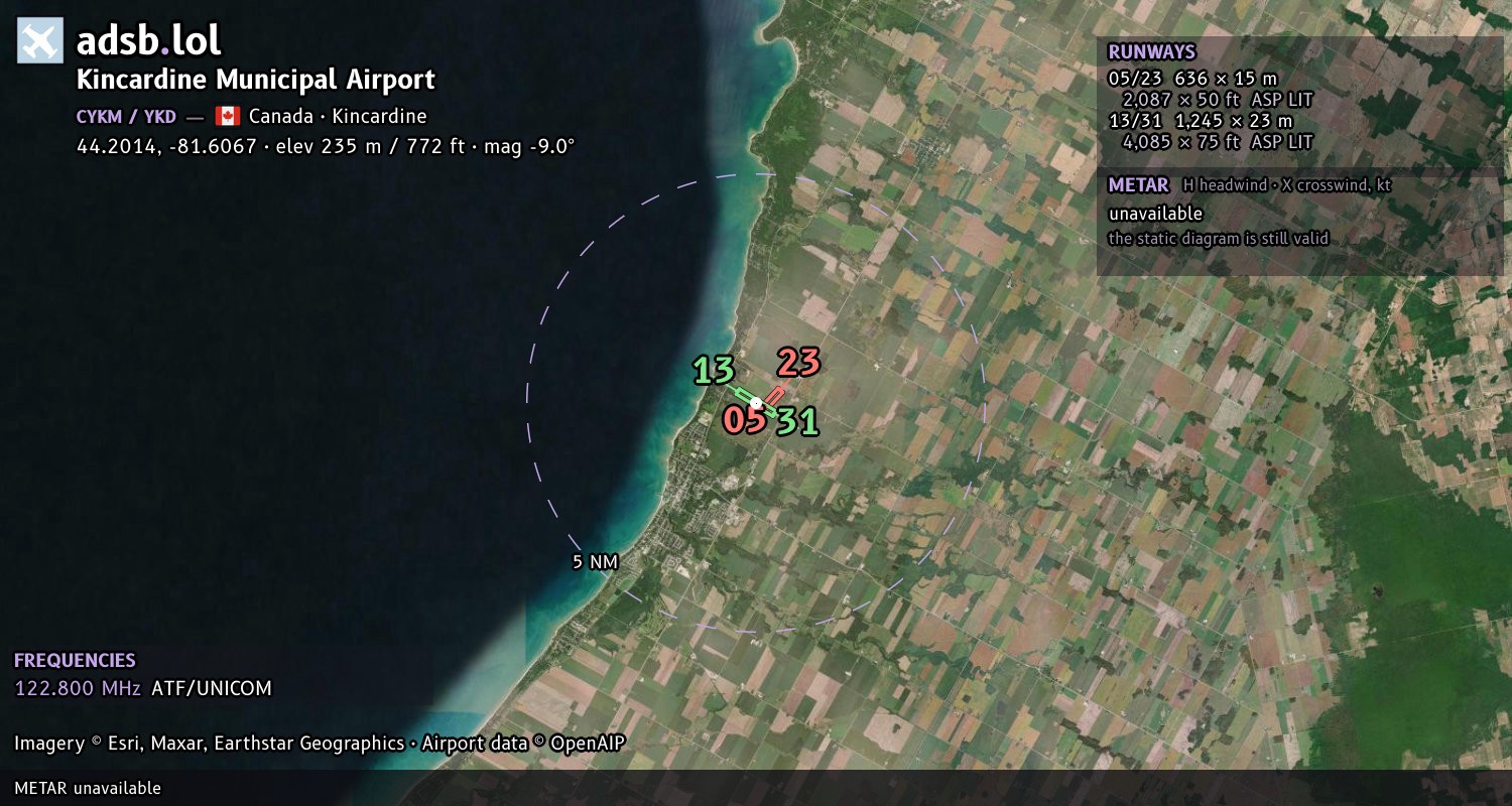 Satellite map with the runway layout of Kincardine Municipal Airport (CYKM)