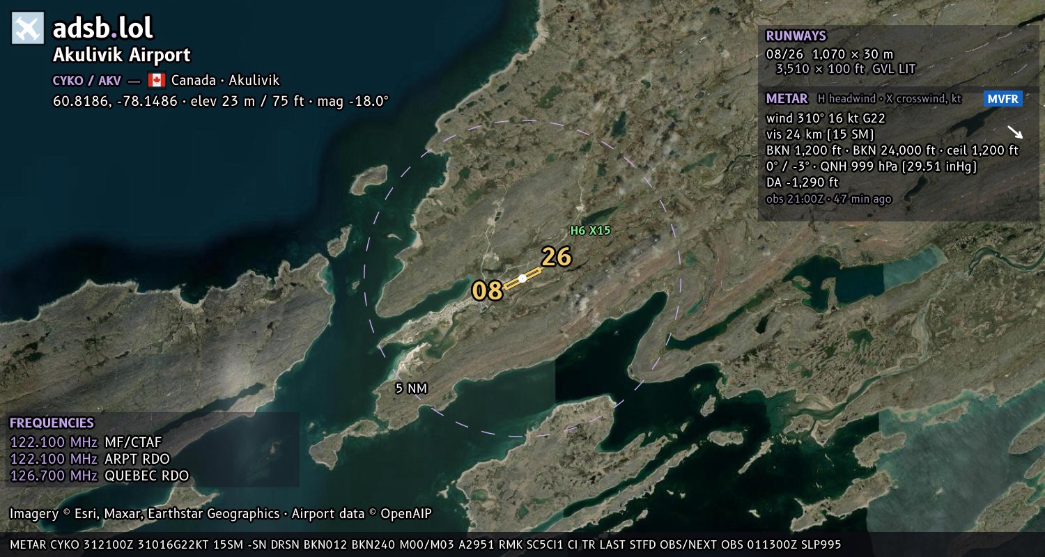Satellite map with the runway layout of Akulivik Airport (CYKO)