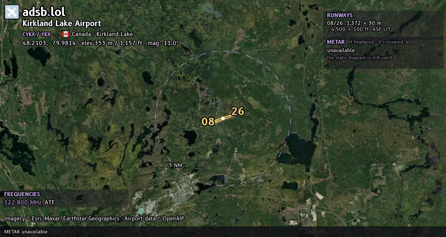 Satellite map with the runway layout of Kirkland Lake Airport (CYKX)