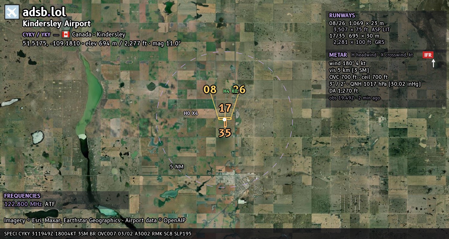 Satellite map with the runway layout of Kindersley Airport (CYKY)