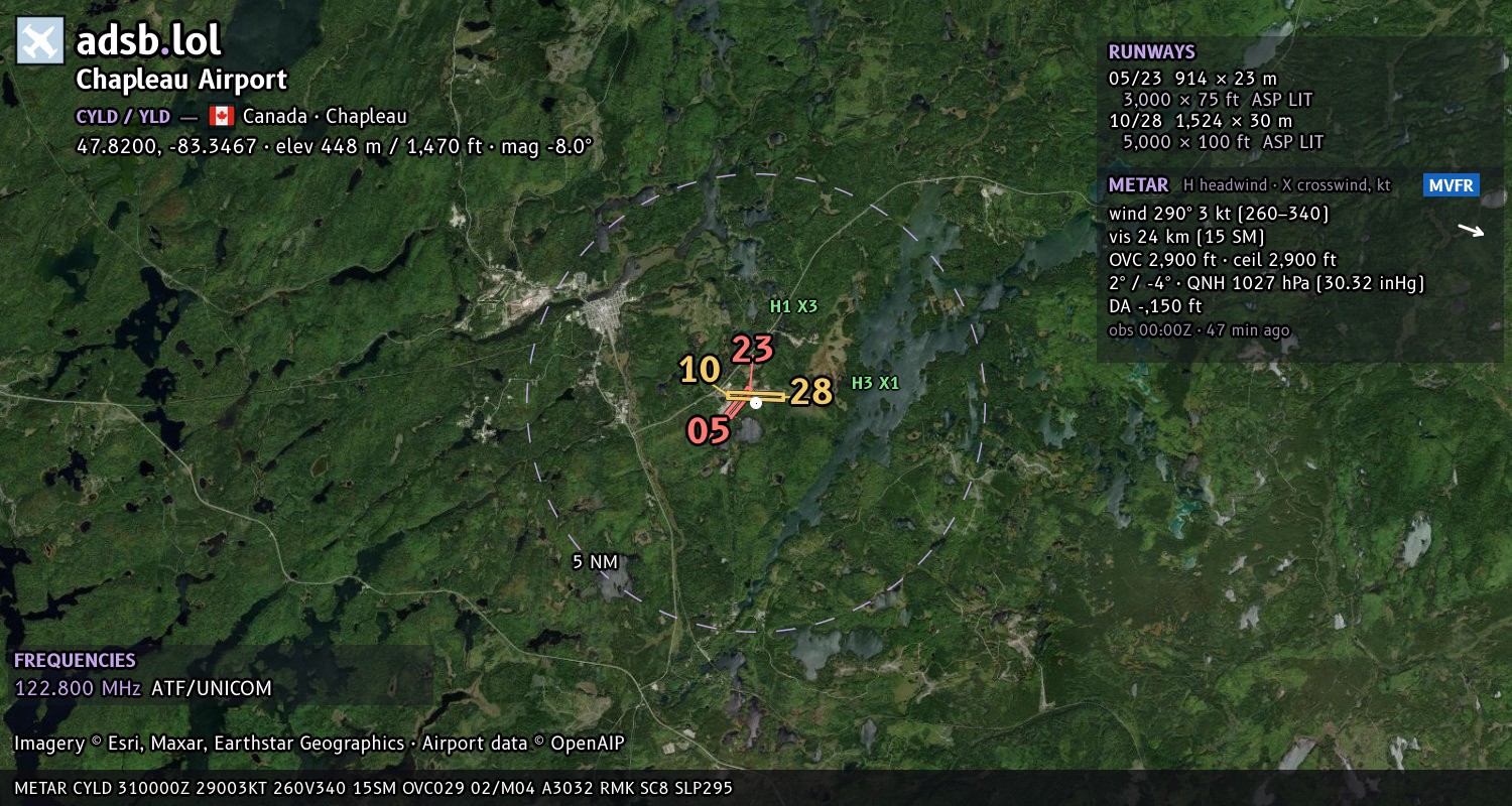 Satellite map with the runway layout of Chapleau Airport (CYLD)