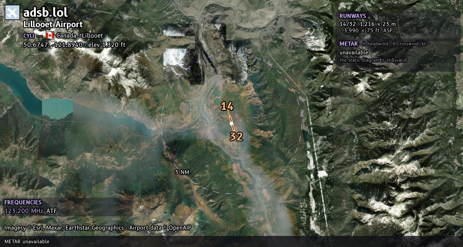 Satellite map with the runway layout of Lillooet Airport (CYLI)