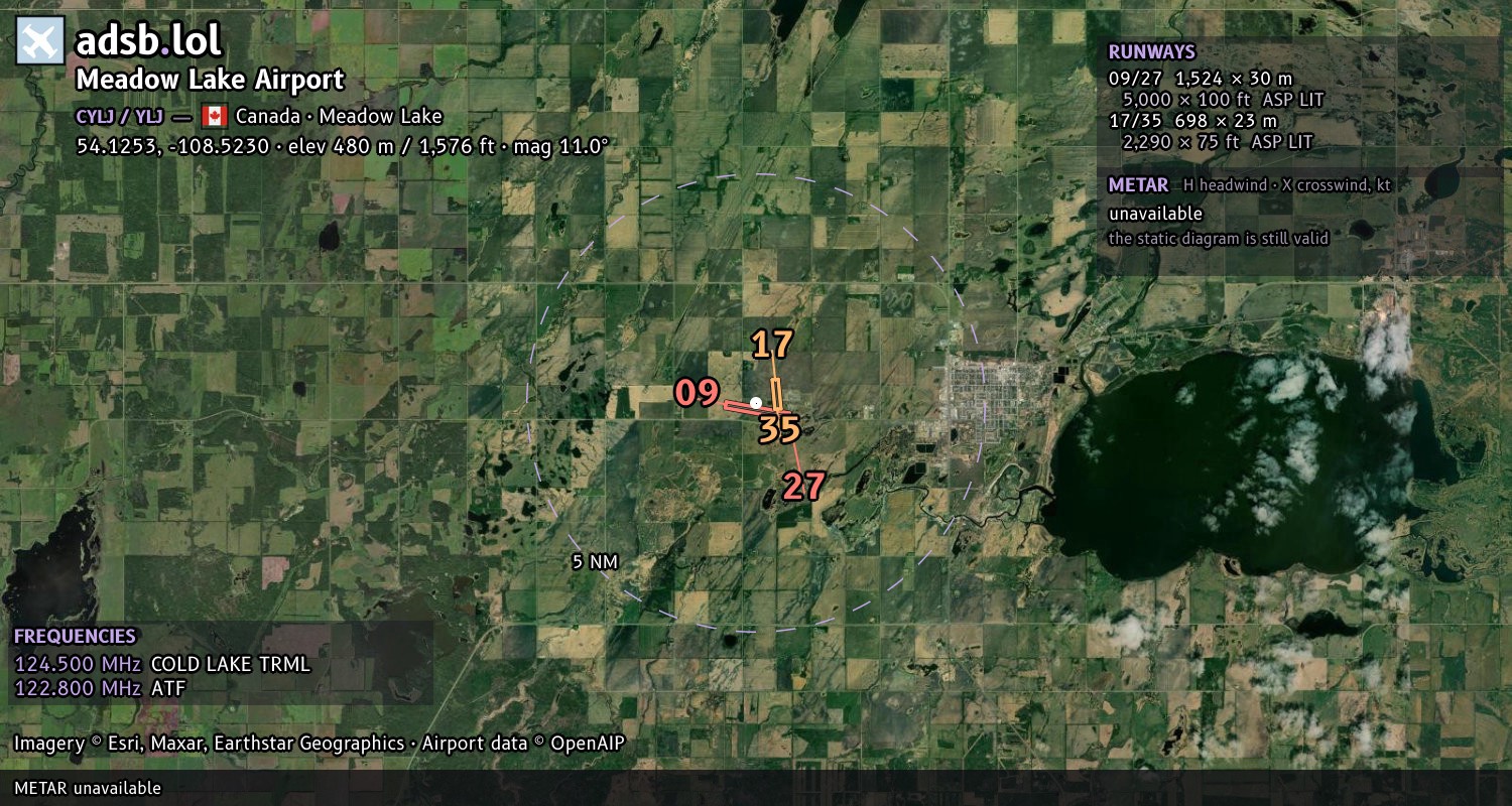 Satellite map with the runway layout of Meadow Lake Airport (CYLJ)