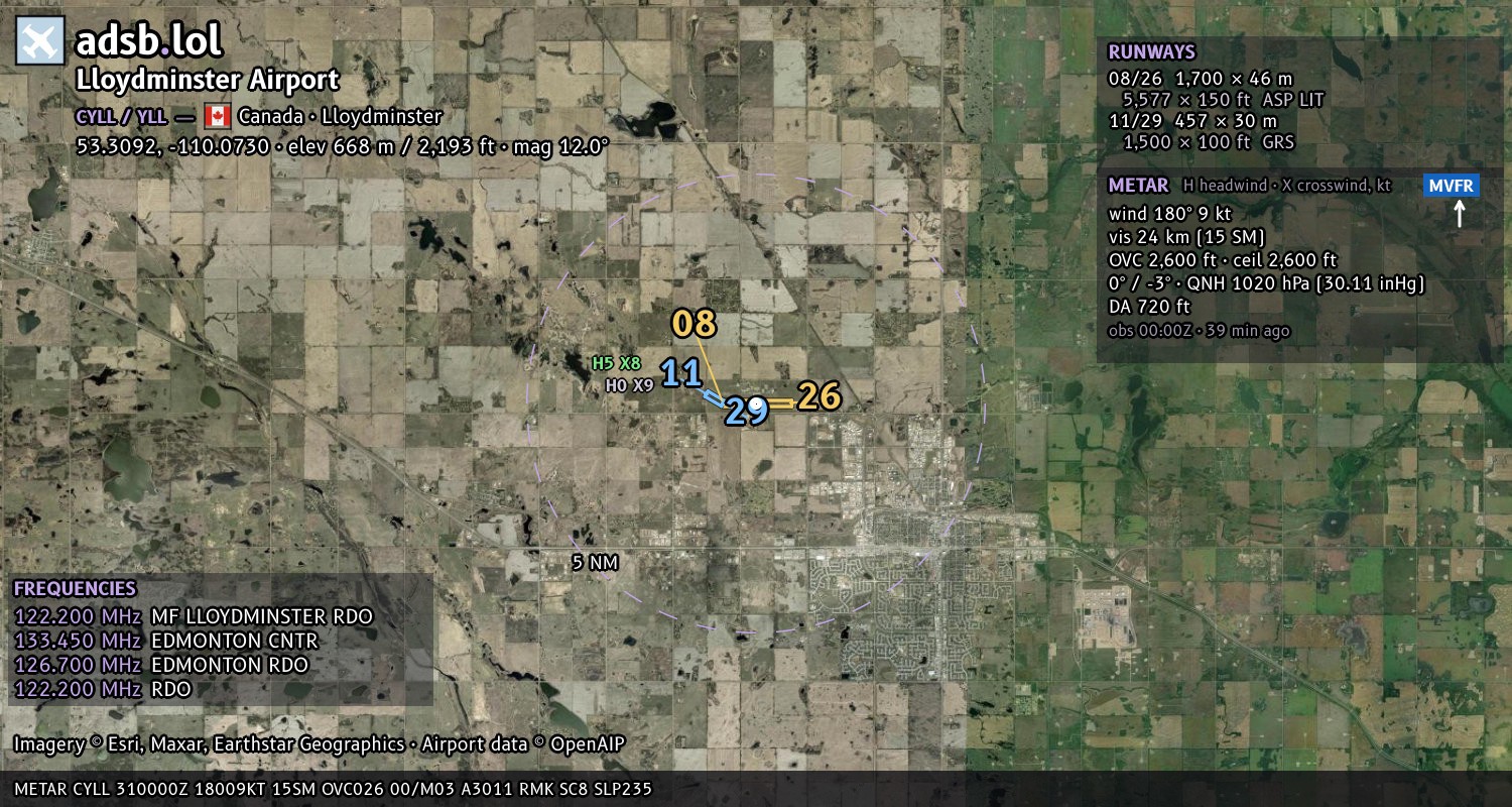 Satellite map with the runway layout of Lloydminster Airport (CYLL)