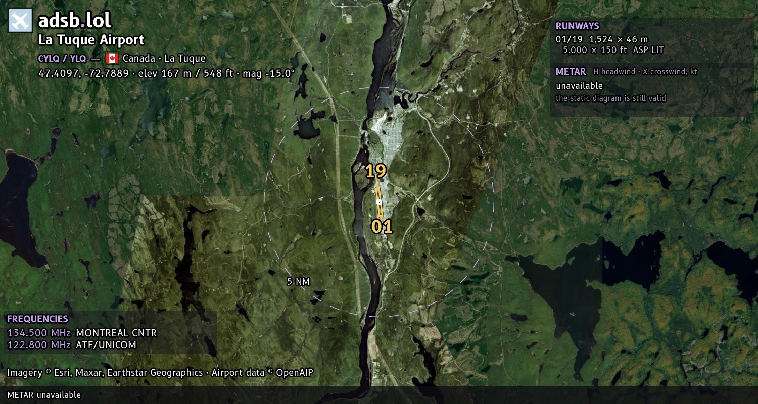 Satellite map with the runway layout of La Tuque Airport (CYLQ)