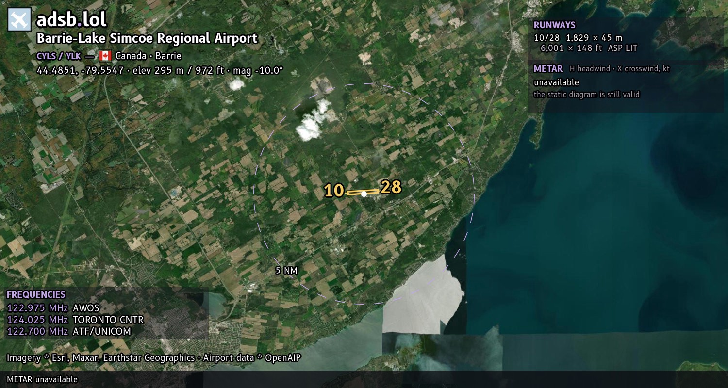 Satellite map with the runway layout of Barrie-Lake Simcoe Regional Airport (CYLS)