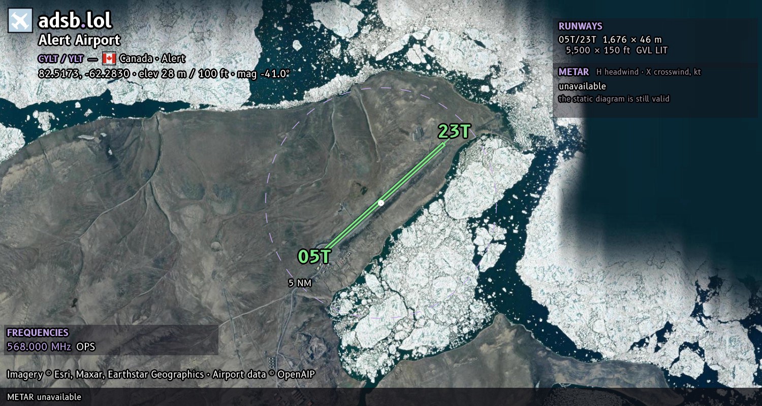 Satellite map with the runway layout of Alert Airport (CYLT)