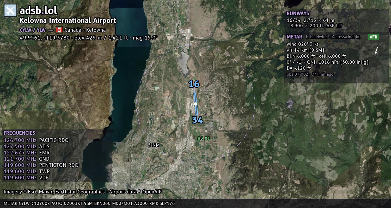 Satellite map with the runway layout of Kelowna International Airport (CYLW)