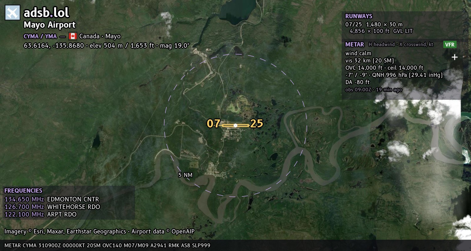 Satellite map with the runway layout of Mayo Airport (CYMA)