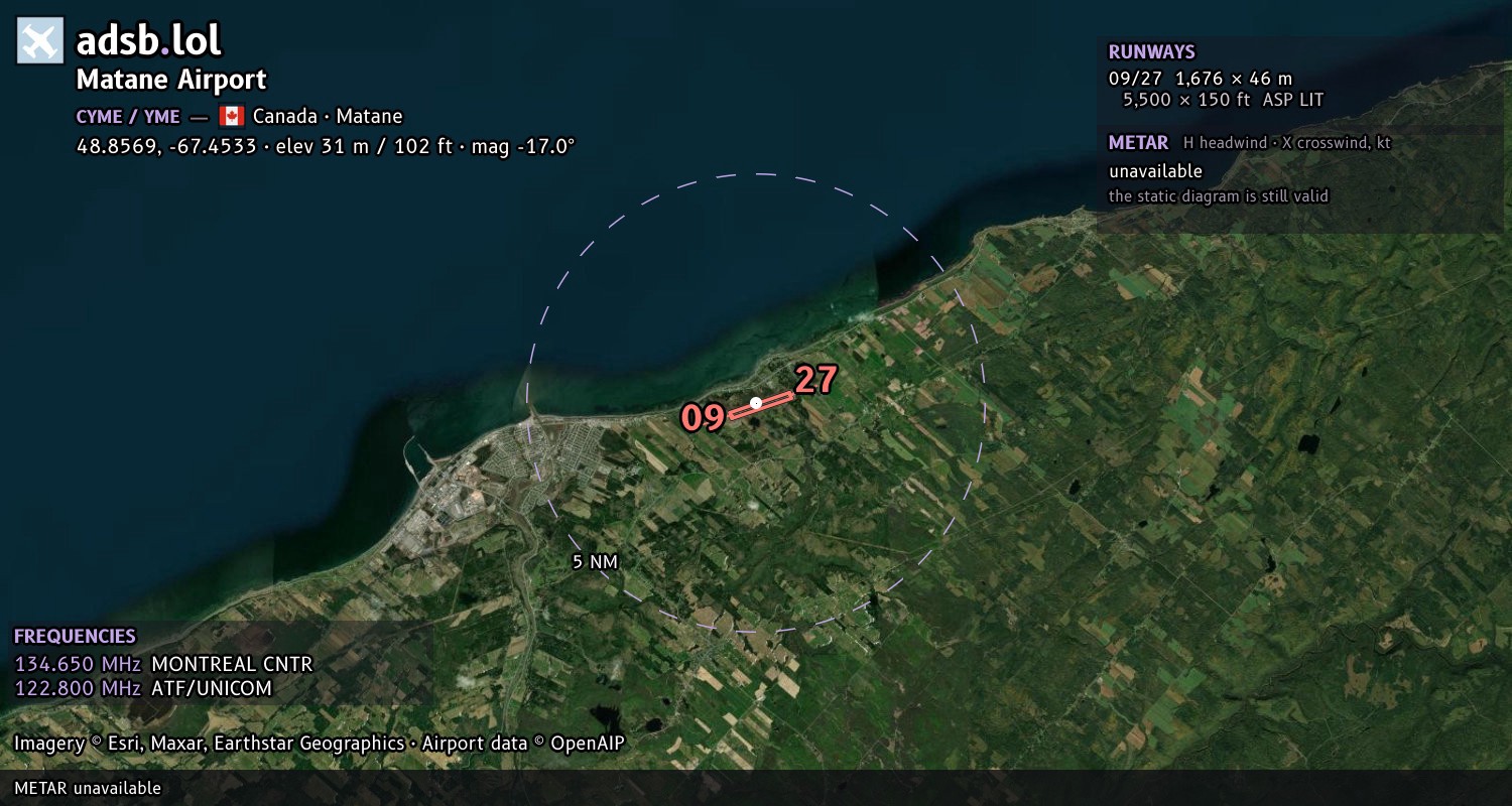 Satellite map with the runway layout of Matane Airport (CYME)