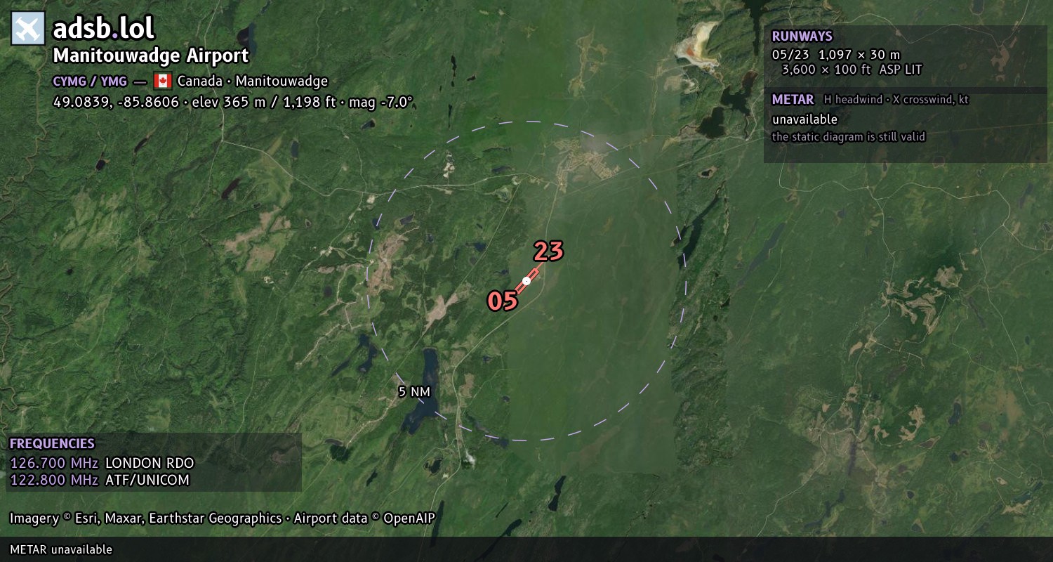 Satellite map with the runway layout of Manitouwadge Airport (CYMG)