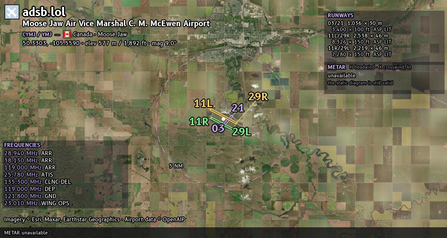 Satellite map with the runway layout of Moose Jaw Air Vice Marshal C. M. McEwen Airport (CYMJ)