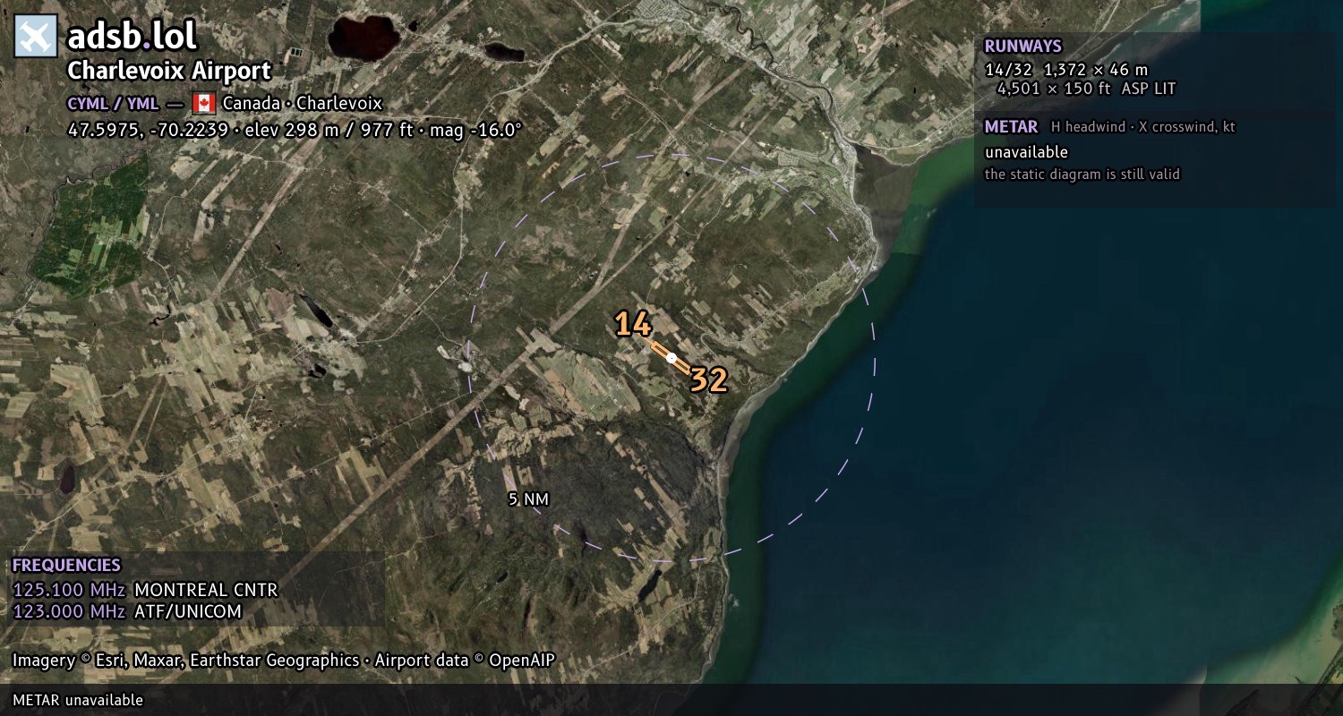 Satellite map with the runway layout of Charlevoix Airport (CYML)