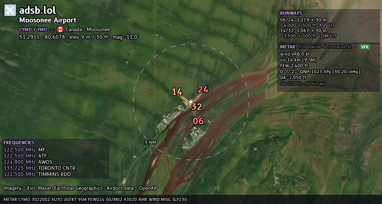 Satellite map with the runway layout of Moosonee Airport (CYMO)
