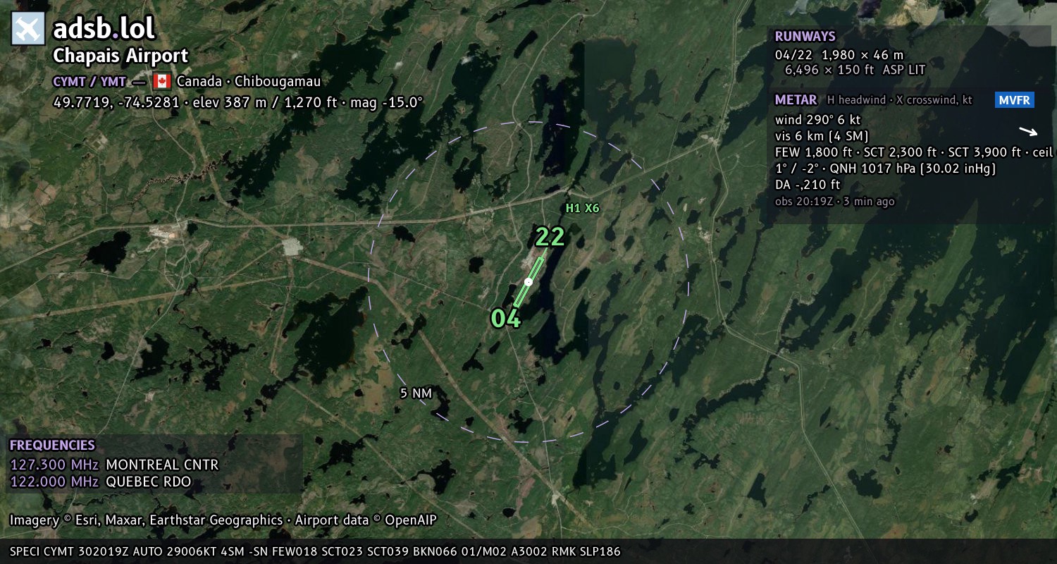 Satellite map with the runway layout of Chapais Airport (CYMT)