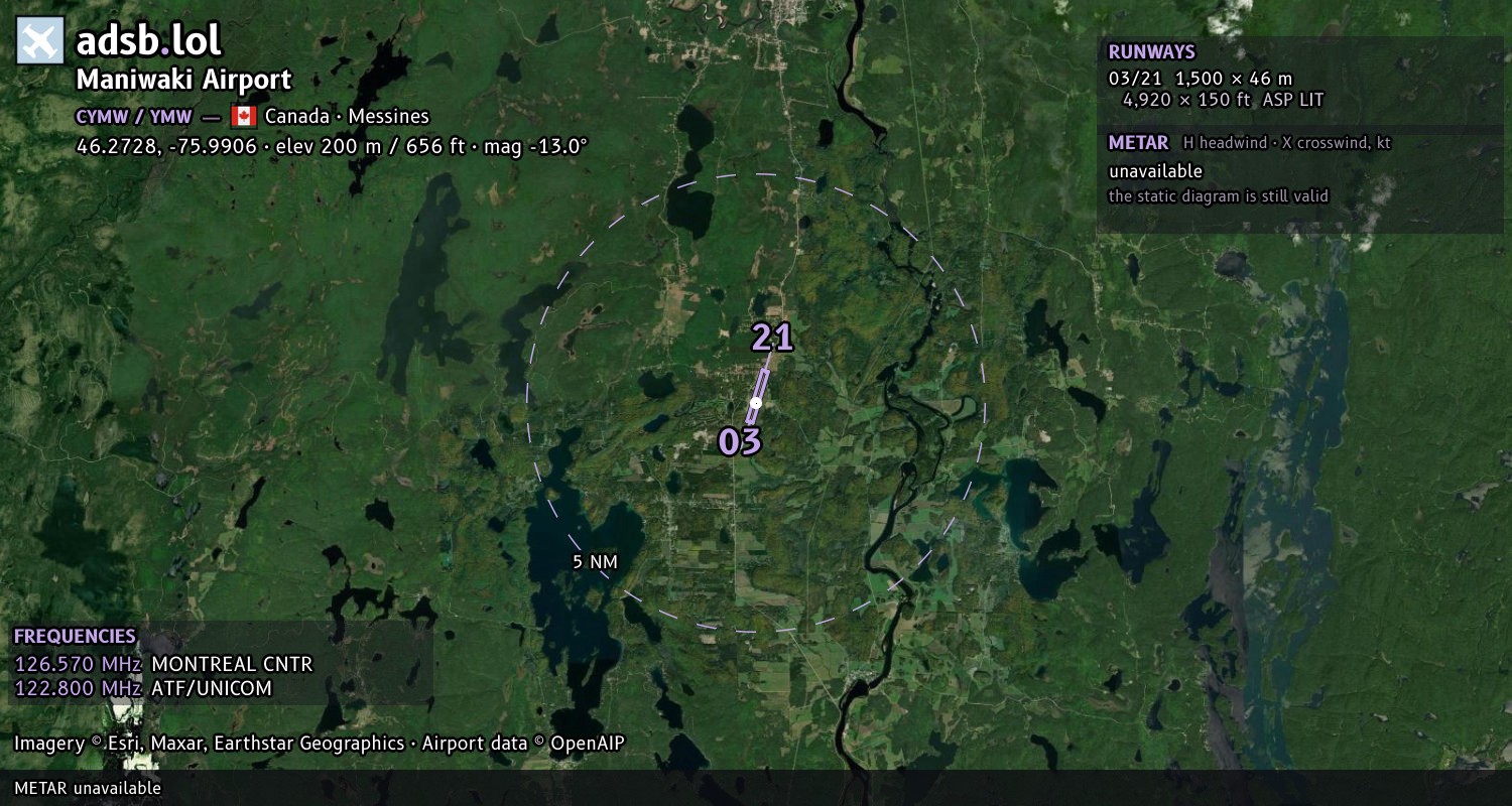 Satellite map with the runway layout of Maniwaki Airport (CYMW)