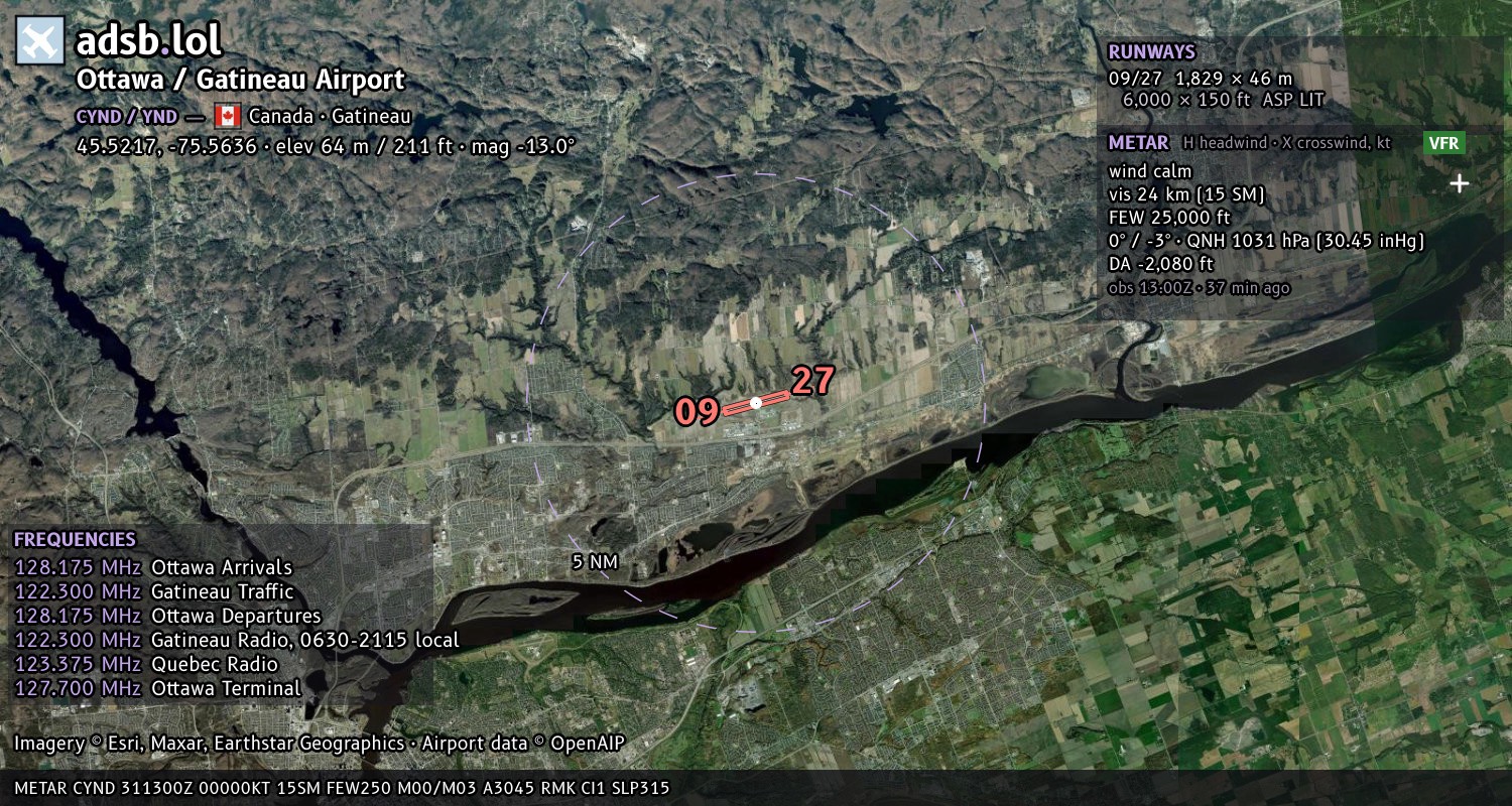Satellite map with the runway layout of Ottawa / Gatineau Airport (CYND)
