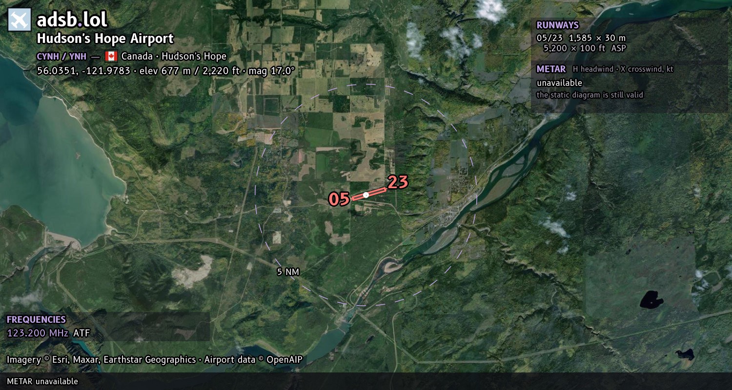 Satellite map with the runway layout of Hudson's Hope Airport (CYNH)