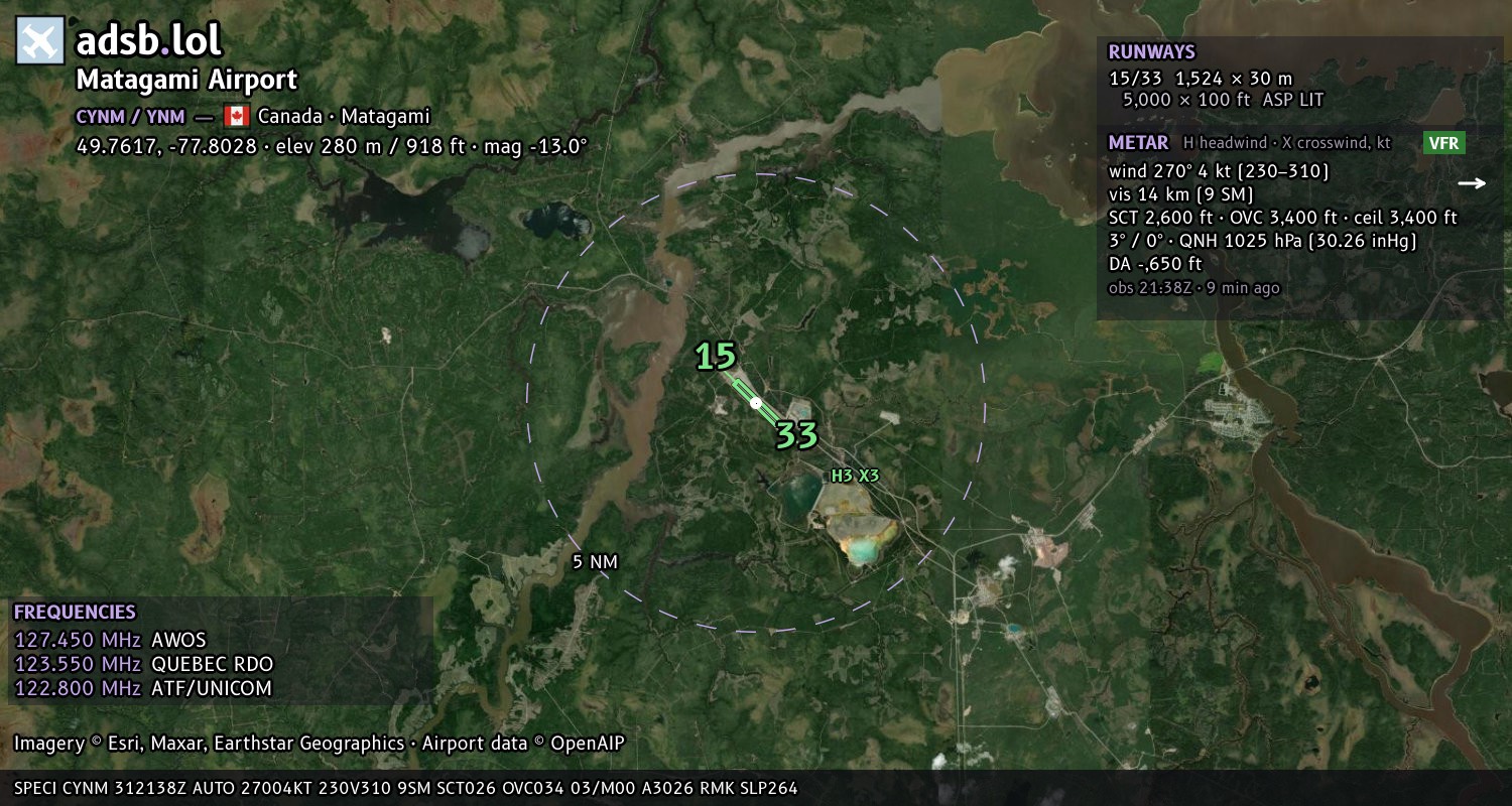 Satellite map with the runway layout of Matagami Airport (CYNM)
