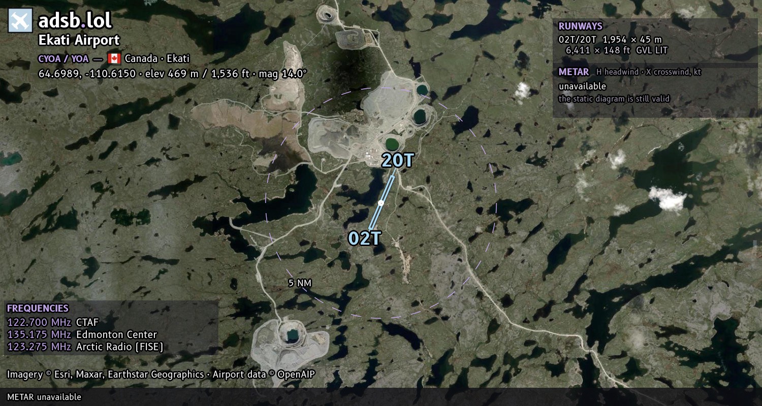Satellite map with the runway layout of Ekati Airport (CYOA)