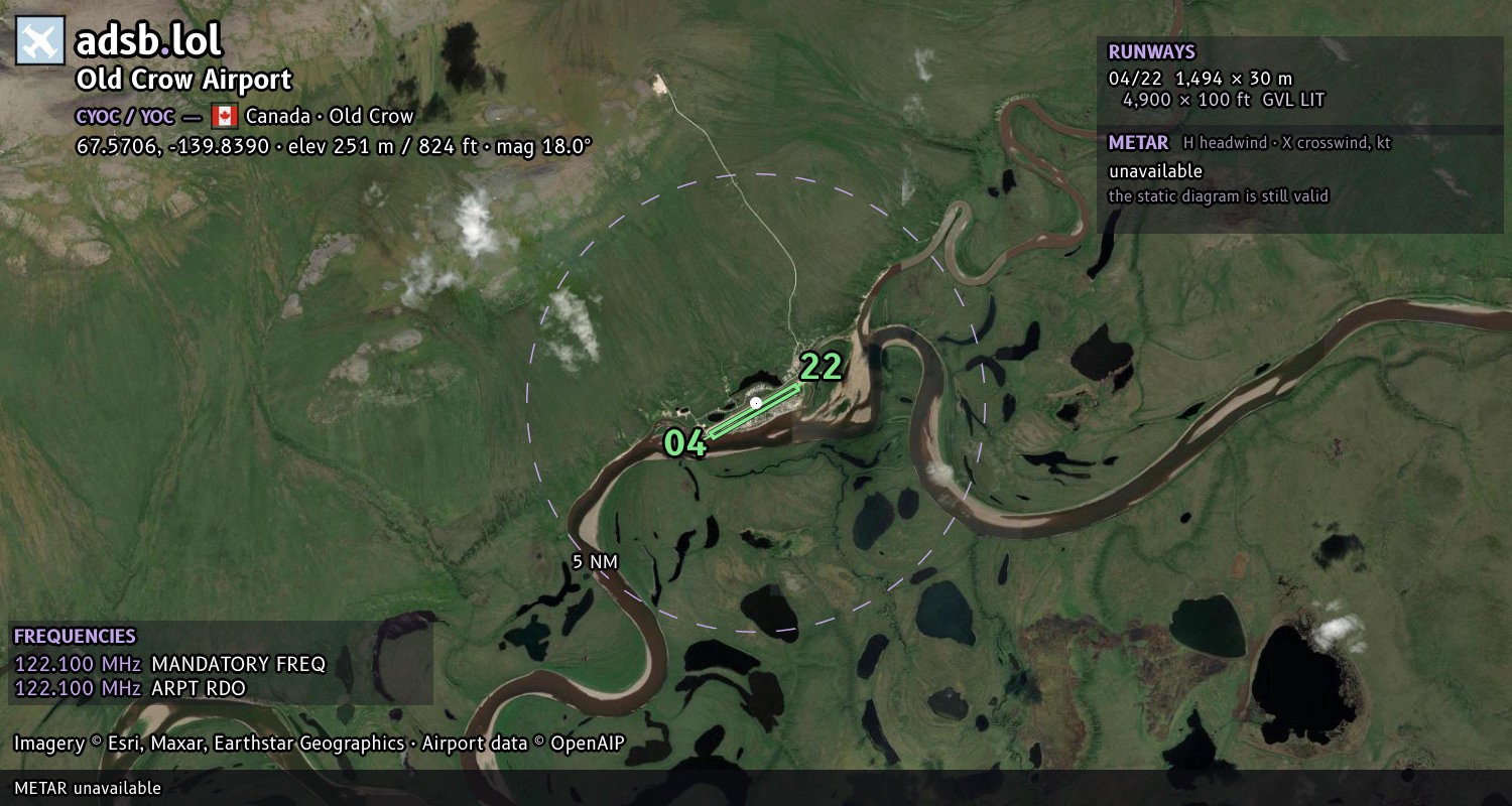 Satellite map with the runway layout of Old Crow Airport (CYOC)