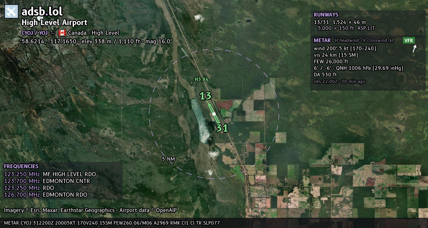 Satellite map with the runway layout of High Level Airport (CYOJ)